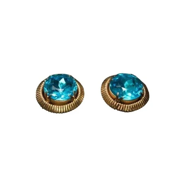 Glamorous Vintage Earrings, Foil Backed Bright Blue Crystal in Copper Frames